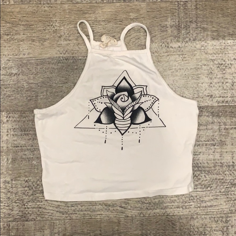 White flower print shirt.